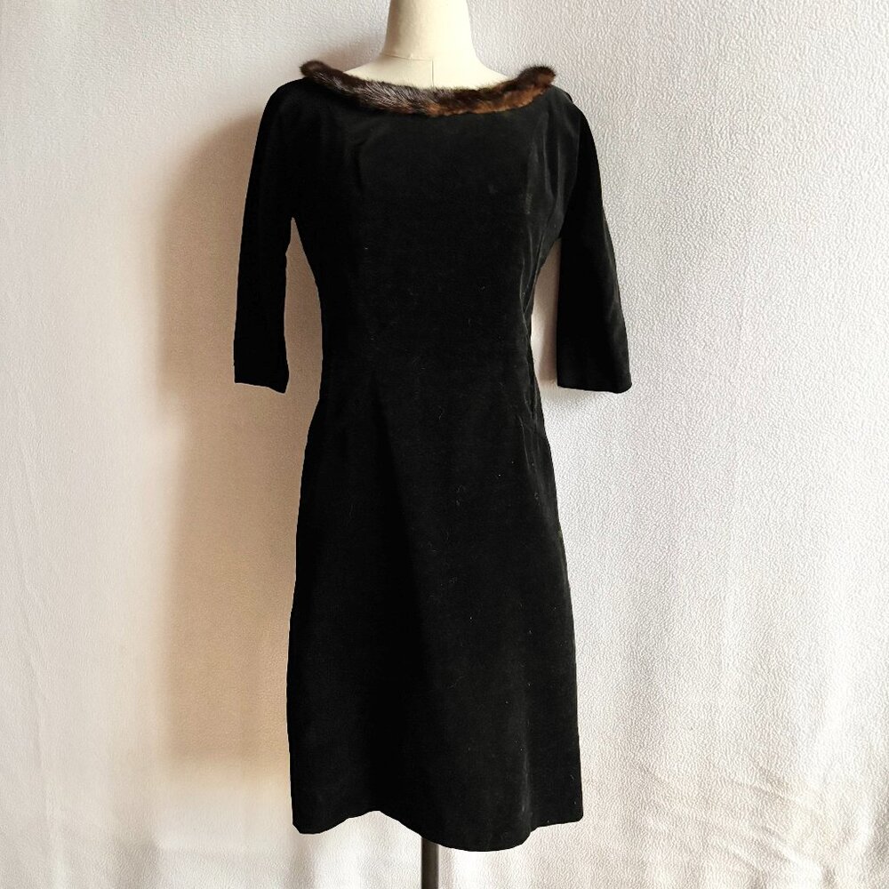 Vintage 1960s Velveteen Little Black Dress with Mink Collar